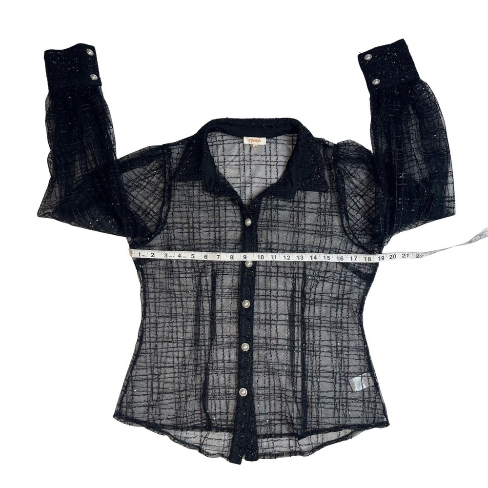 Black Plaid Sheer Sparkle Button Up Blouse Top Medium Whimsigoth Edgy Fairy - Picture 13 of 13